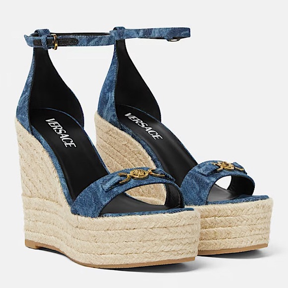 NEW VERSACE ‘95 Medusa Crystals Denim Barocco Print Platform Wedge Sandals 41 - Picture 2 of 16
